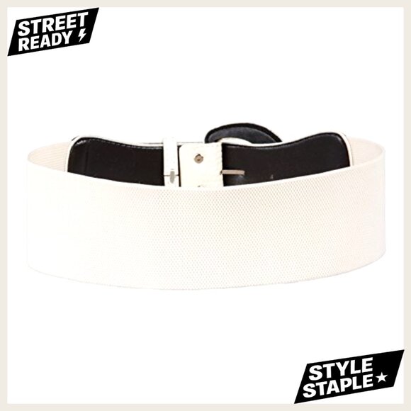 Vintage Chunky Buckle Stretchy Cinch Belt Wide Faux Leather Elegant Retro main image 4